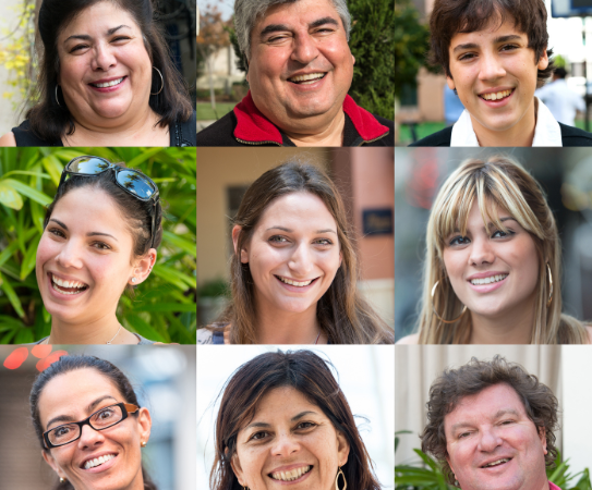 Nine individual people smiling.
